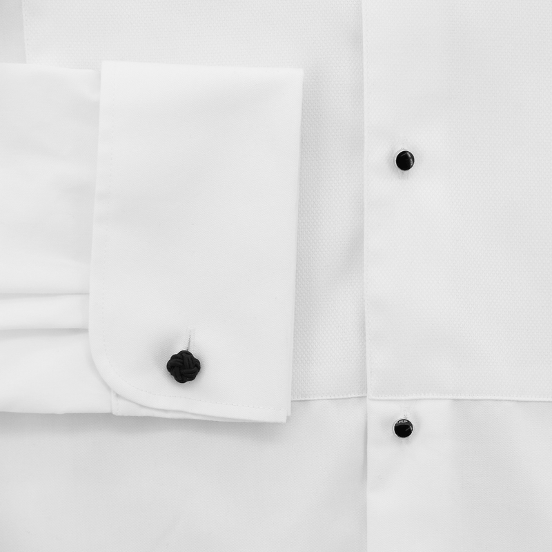close up of the french cuff with black contrast buttons