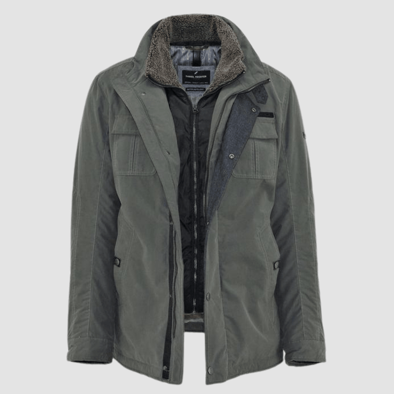 daniel hechter winter parka in khaki showing the built in vest underneath and the sherpa lined collar 