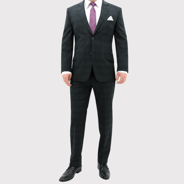a model wears the daniel hechter slim fit lisbon edward suit with a white shirt and purple printed tie