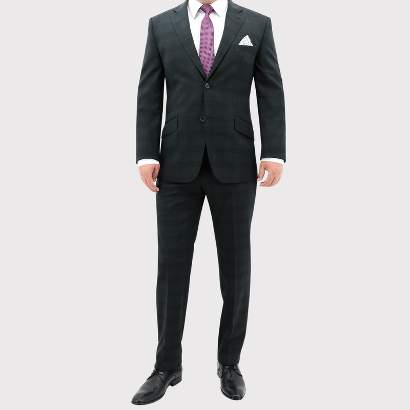 a model wears the daniel hechter slim fit lisbon edward suit with a white shirt and purple printed tie