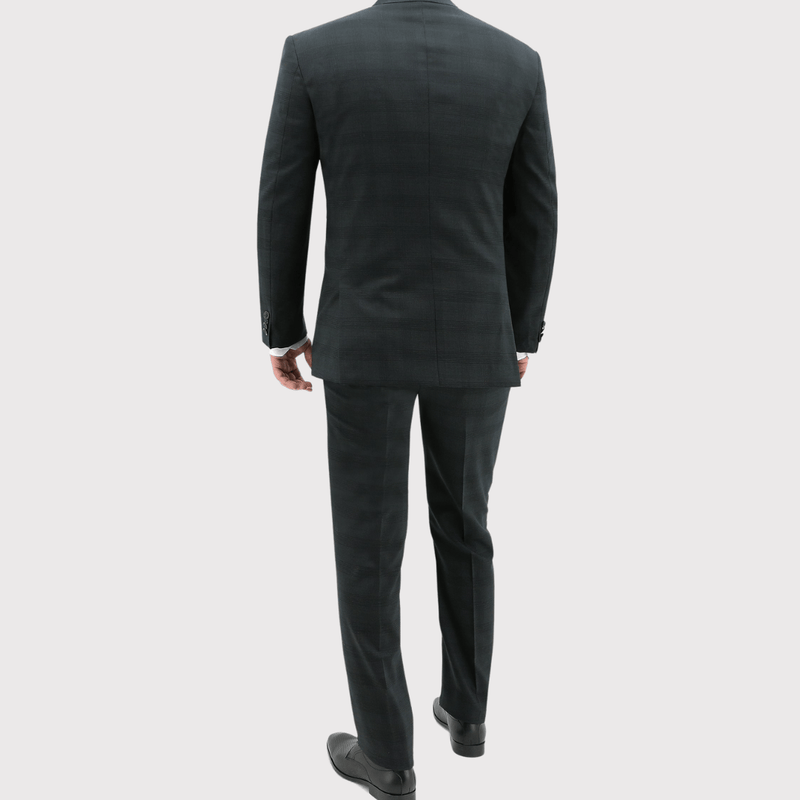 the back of the lisbon edward suit showing the tapered fit leg and side vents at the back of the jacket 