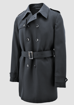 the daniel hechter slim fit mens trench coat in black on a plain background with a double buttoned front and a waist belt
