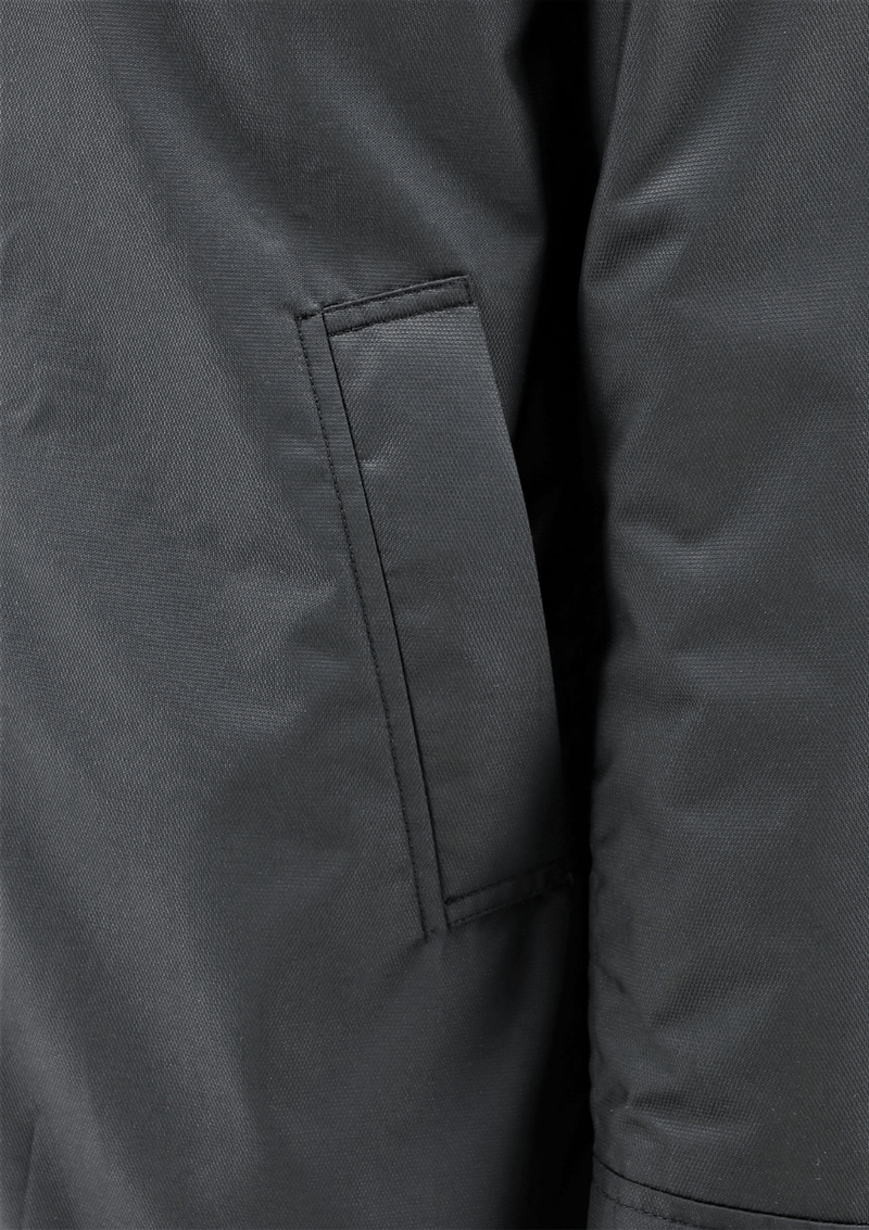 a close up of the pocket on the morgan rain coat, also showing the water resistant texture of the jacket 