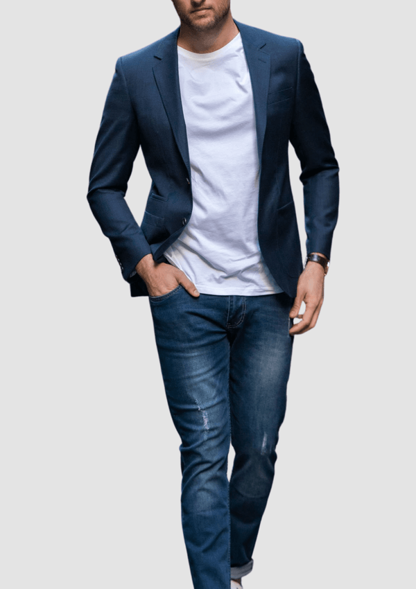 a man wears the prague mens sports jacket by daniel hechter over a white t-shirt and jeans for a smart casual look