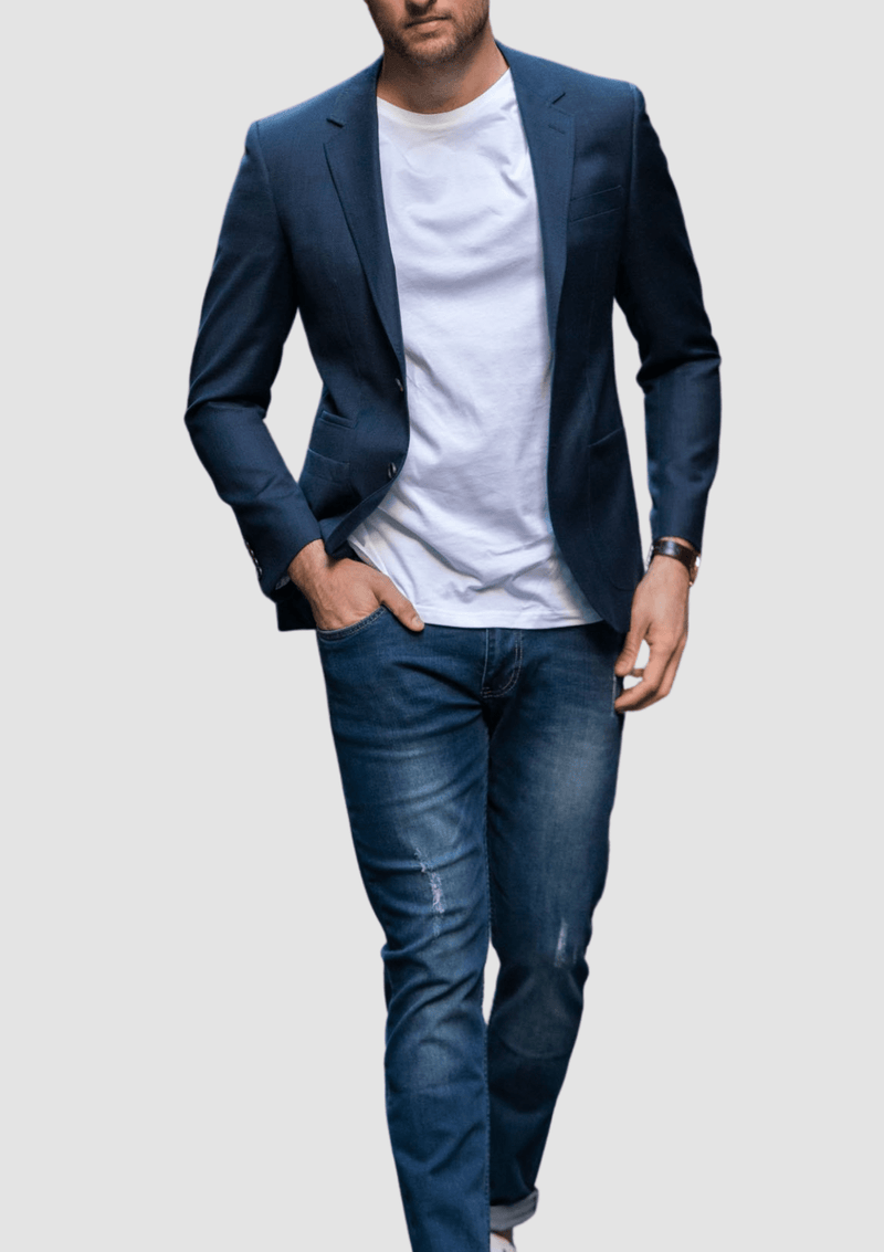 a man wears the prague mens sports jacket by daniel hechter over a white t-shirt and jeans for a smart casual look
