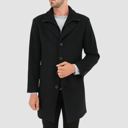 front of the daniel hechter slim fit pure wool profile coat in black with inner build in zip up and four button outer closure