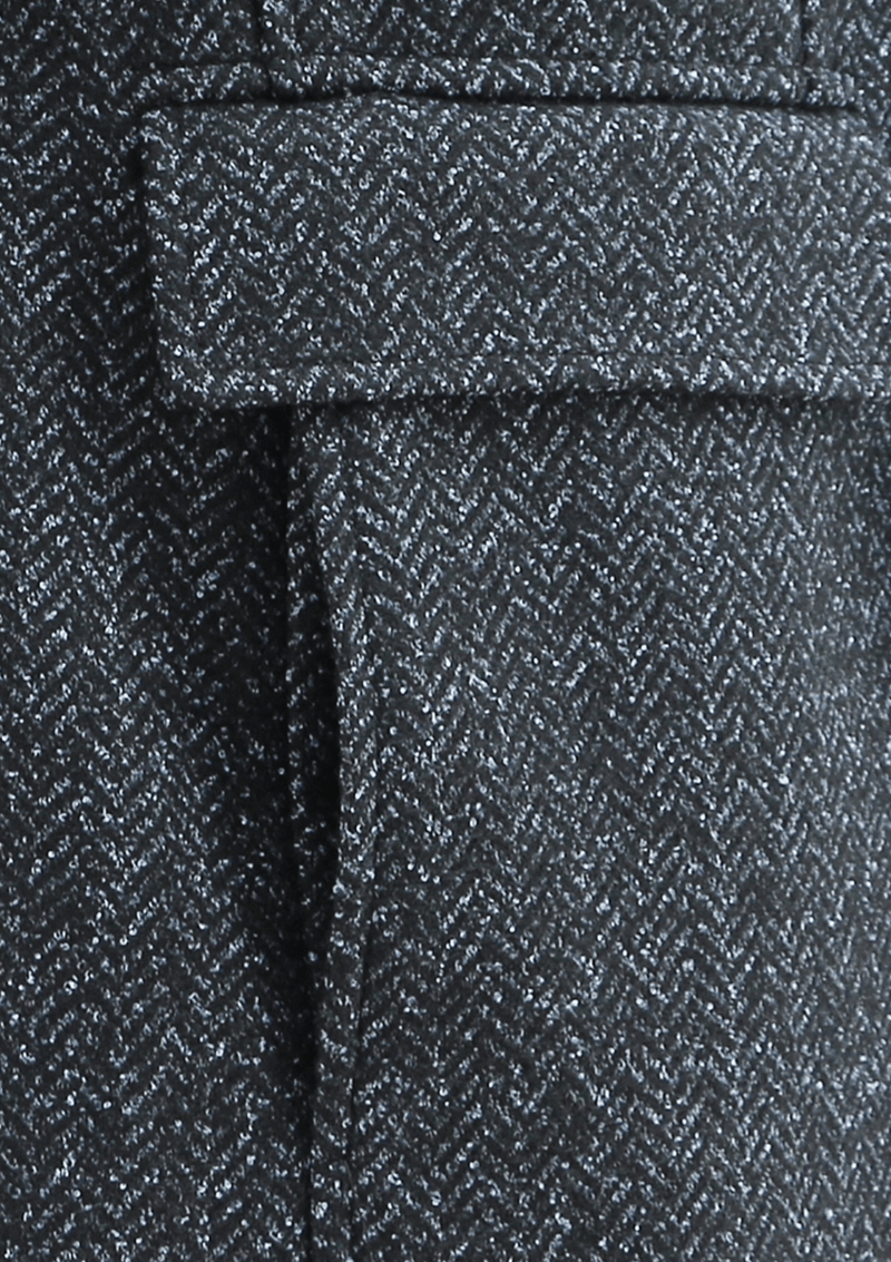 a close up fo the pocket detail on the daniel hechter mens winter coat in grey wool blend showing the herringbone fabric texture