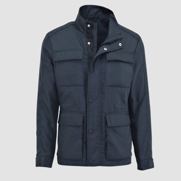 navy jacket in a regular fit with black matt button closures and a hidden zip underneath four pockets on the outside and two internal pockets