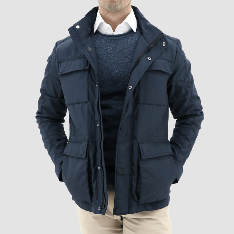 daniel hechter navy mens utility jacket with four pockets on the front and a zip and button closure, hip length jacket