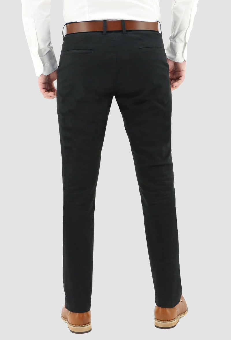 a model faces the back wearing the daniel hechter slim fit chino in black cotton blend