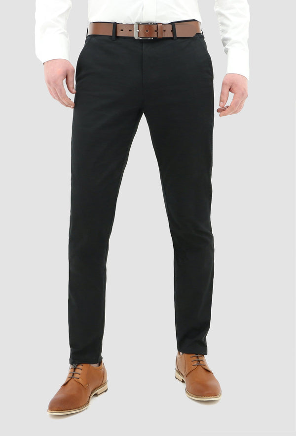 a model faces the front wearing the daniel hechter slim fit chino in black cotton blend