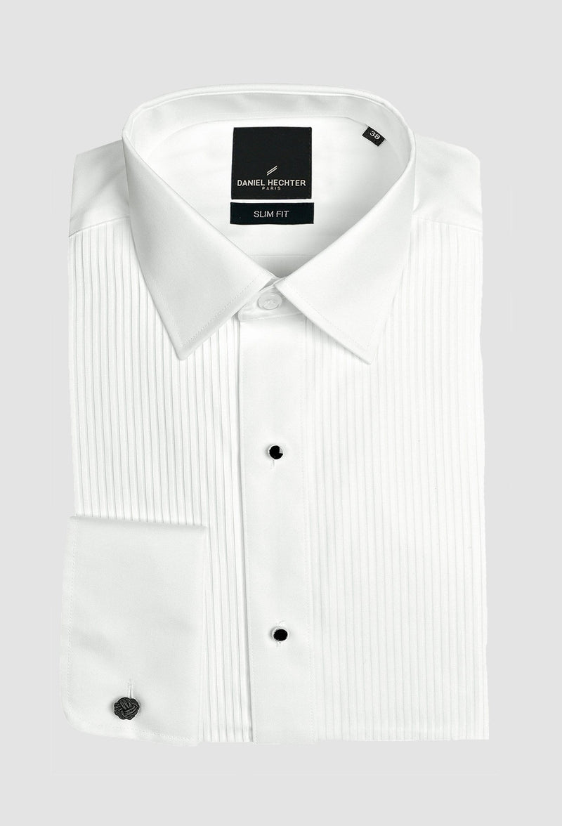 the Daniel Hechter slim fit ds frill mens dinner shirt in white cotton blend folded on a grey background 