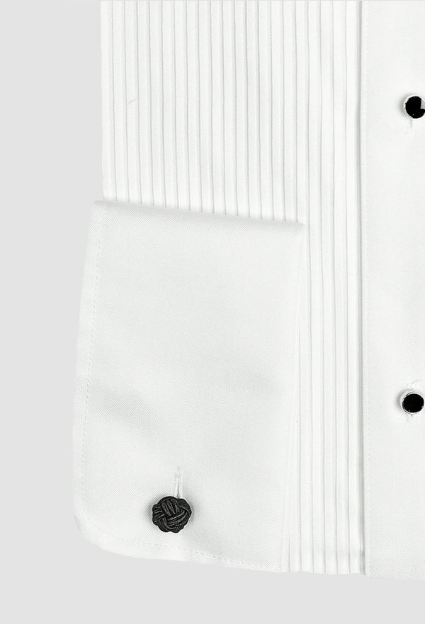 a close up view of the french cuff and pleated frill front detail on the Daniel Hechter slim fit ds frill shirt in white cotton 
