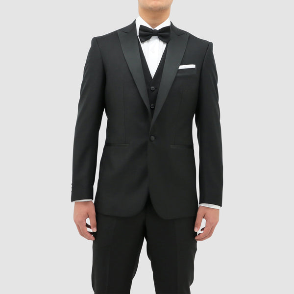 Daniel Hechter slim fit jason tuxedo suit in black pure wool with satin peak lapel STDH106-01