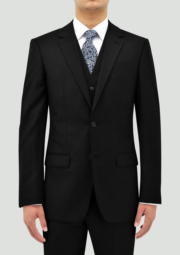 the daniel hechter ryan black mens waistcoat layered with the slim fit shape suit in black merino wool STD106-01