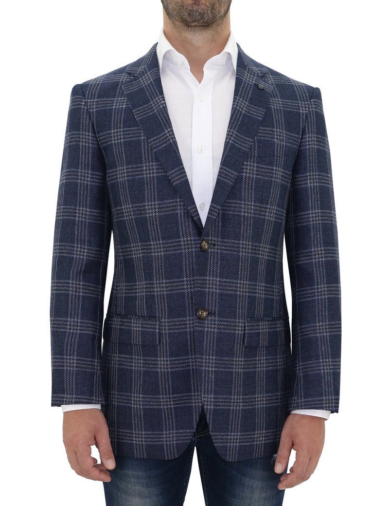 Daniel Hechter slim fit shadow blue check sports jacket in wool linen blend