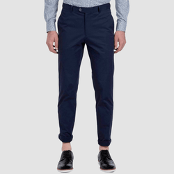 mens navy chino pant by gibson with a printed dress shirt