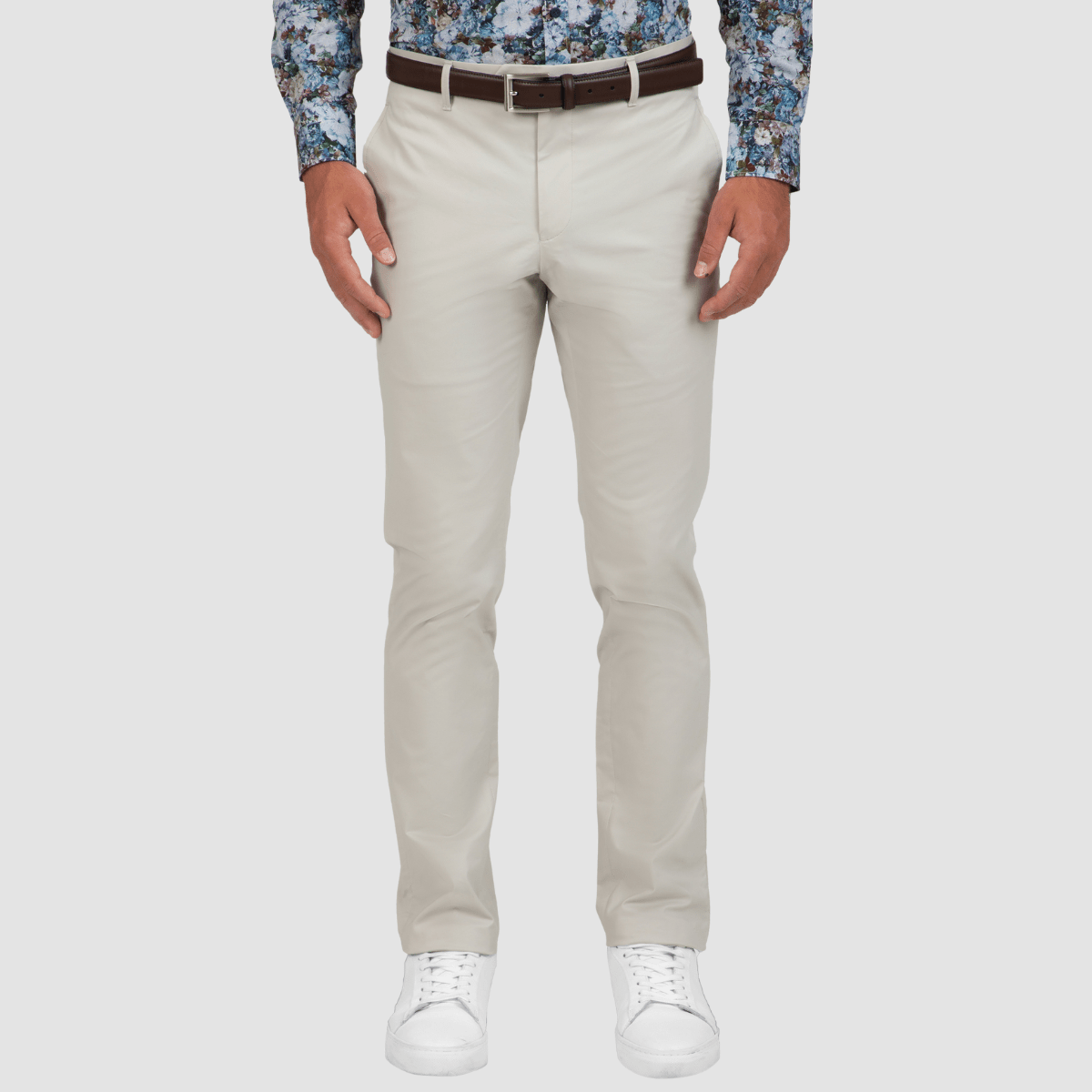 a stone coloured slim fit mens chino pant for smart casual and weekend outfits