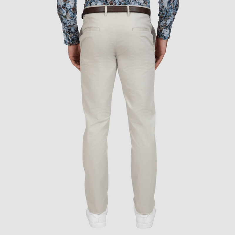 the back of the slim fit mens light grey chino pant from gibson suits