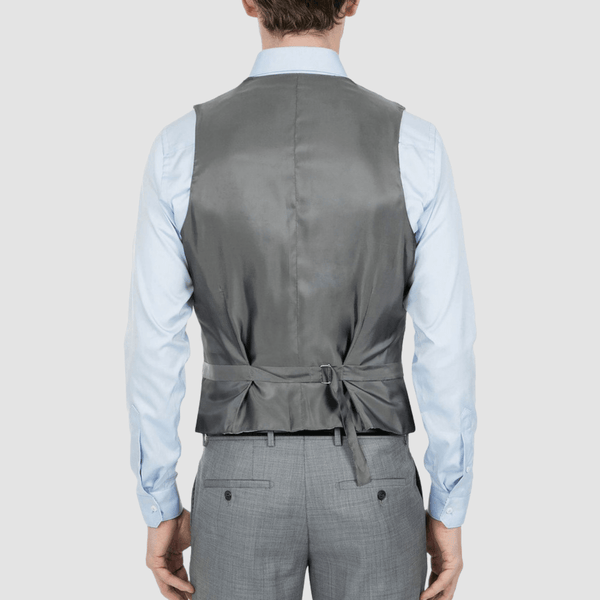 the back of the mighty mens suit vest in grey showing the satin back and adjuster
