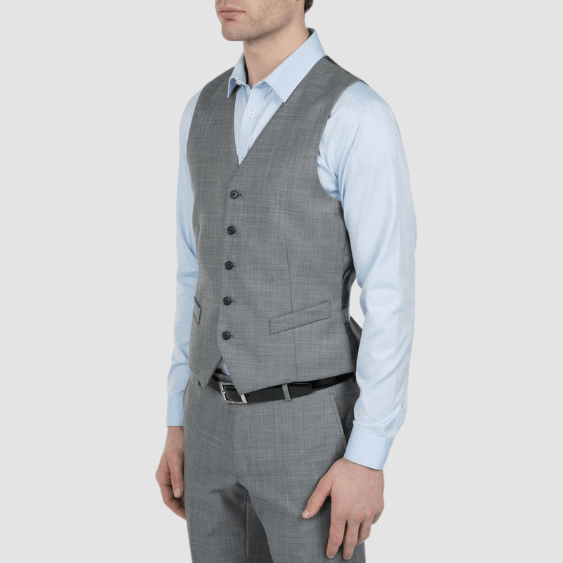 the side view showing the slim fitting style of the gibson mighty mens waistcoat in grey FGE645