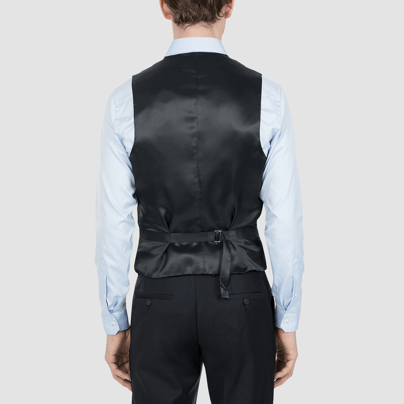 showing the adjuster tab on the back of the mens mighty waistcoat in charcoal wool