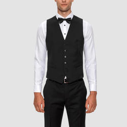 slim fit mens black vest by gibson suits with five buttons and two pockets at the front
