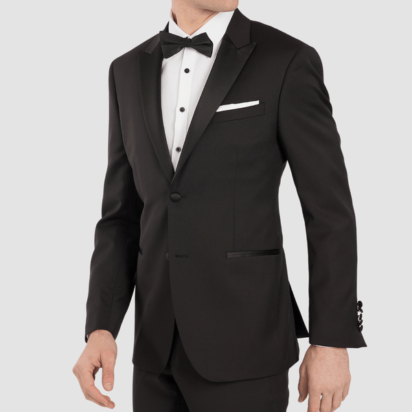 mens gibson quantum tuxedo in black with satin notch lapel and satin pocket trims and buttons