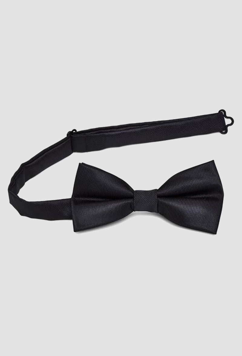 the matching black satin necktie is shown