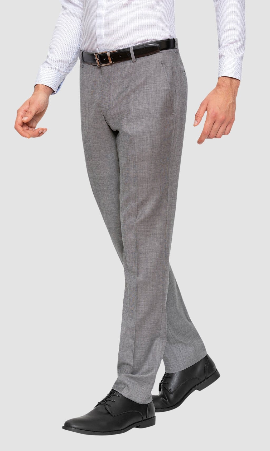 A side view of the Gibson slim fit caper trouser in grey pure wool FGE645