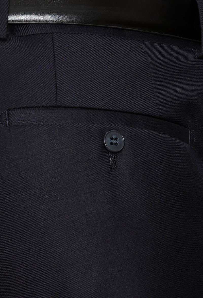 a close up view of the rear hip pocket detail on the Gibson slim fit caper trouser in navy pure wool FKC020T