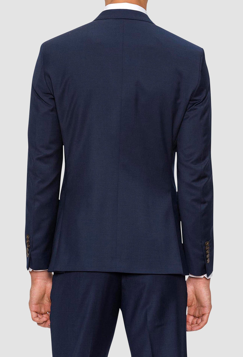 A reverse view of the Gibson slim fit delirium suit jacket in navy pure wool F3614
