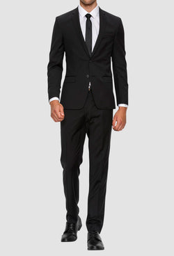 A full front view of the Gibson slim fit lithium suit in black pure wool F34087