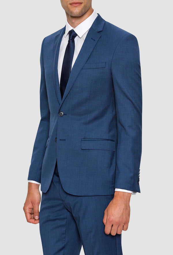 A side on view of the Gibson slim fit lithium suit in blue pure wool FGD019