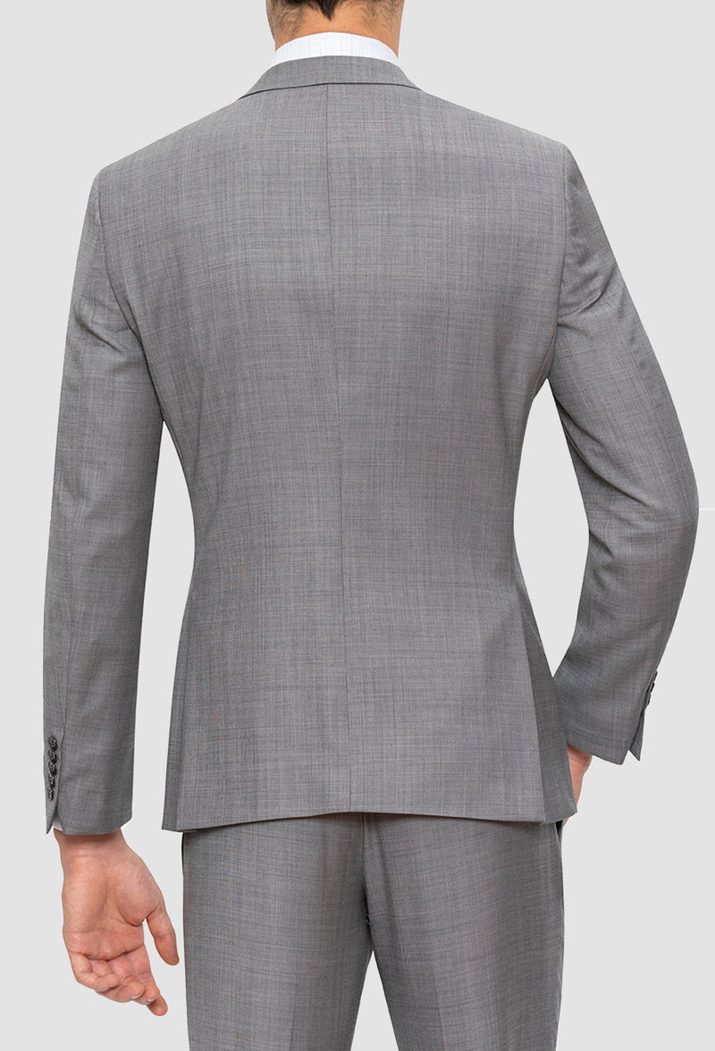 A reverse view of the Gibson slim fit lithium suit jacket in grey pure wool FGE645