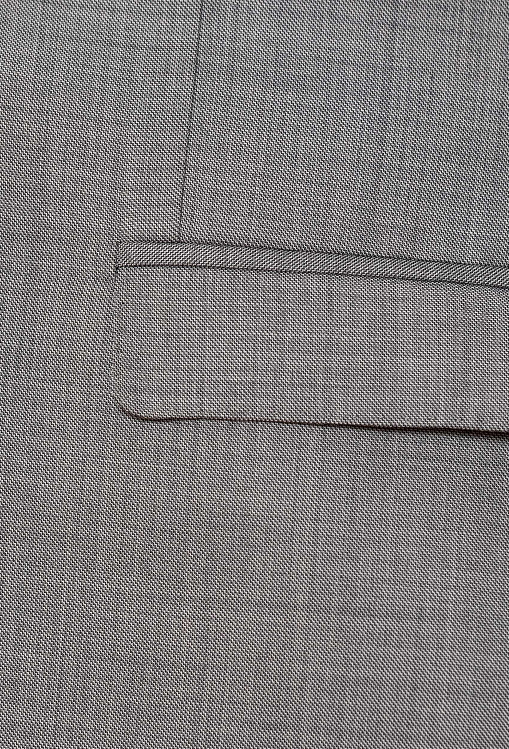 A close up view of the flat pocket detailing on the Gibson slim fit lithium suit jacket in grey pure wool FGE645