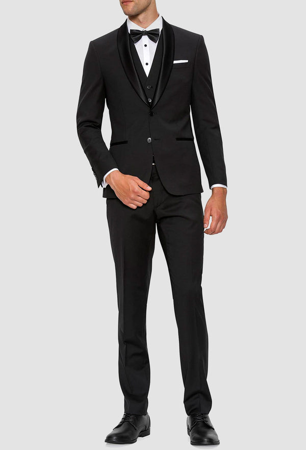 a full length view of the Gibson slim fit spectre tuxedo suit with satin shawl lapel in black pure wool F34087