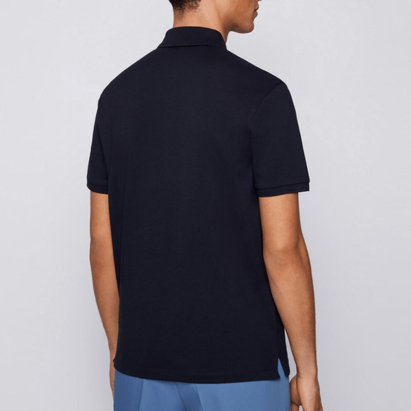 back of the navy pallas polo by hugo boss showing the side splits