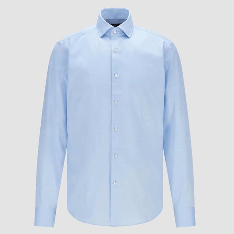 a flay lay view of the hugo boss mens enzo business shirt showing the bale blue colour and pearl buttons
