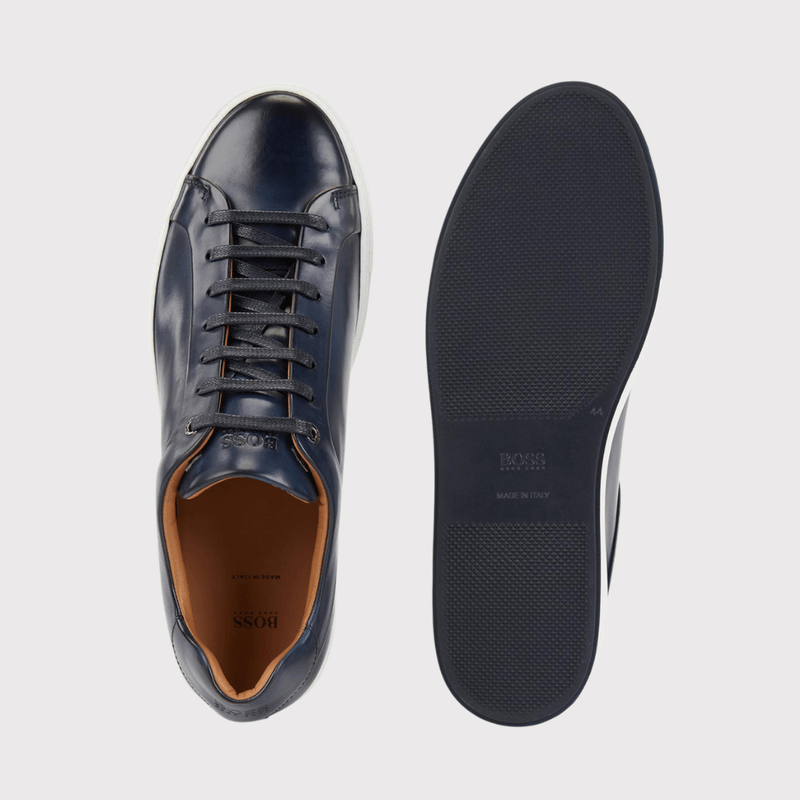 top view of the hugo boss mirage tenn mens trainers in blue showing the leather inner sole and navy laces