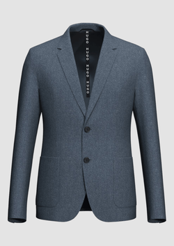 HUGO menswear slim fit areltu mens blazer in dark blue on a plain grey background 