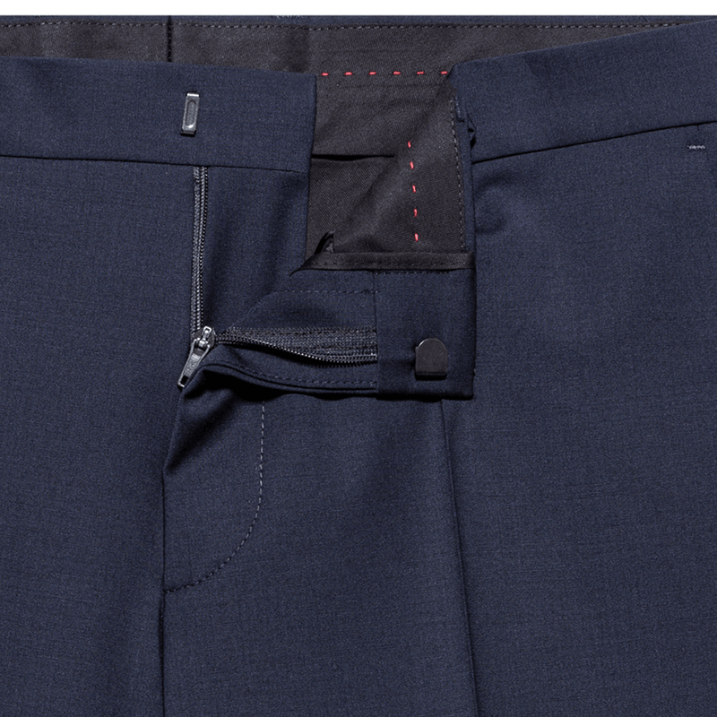 the zip and hook fasterner on the hugo boss slim fit getlin trouser in dark blue