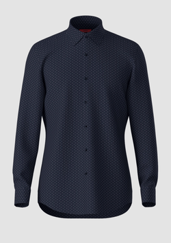 a front view of the hugo slim fit mens kenno shirt in dark navy pure cotton with a fine white gingham print all over