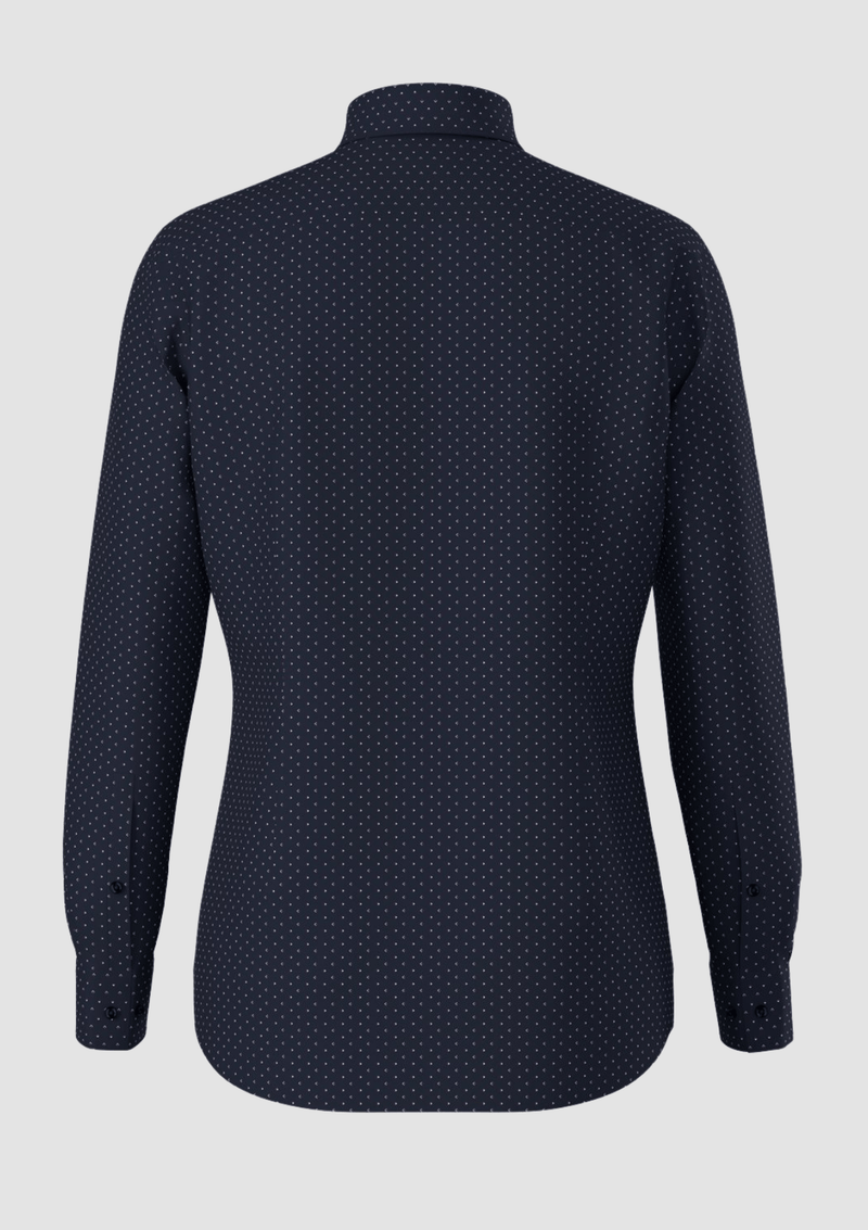 a navy patterned hugo boss men's shirt with long sleeves and pointed collar on a white background