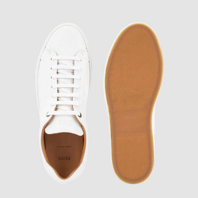 the soft leather inner sole of the hugo boss tenn mirage mens trainer in white