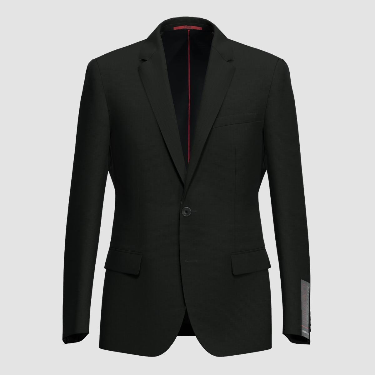 The Henry‑Getlin black suit by Hugo—slim fit, shawl lapel, and one‑button styling. 