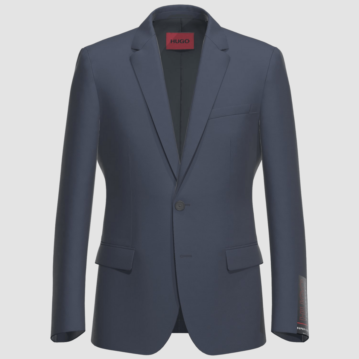 Dark blue Henry‑Getlin suit by Hugo—slim fit, shawl lapel, semi‑canvas jacket and preset sizing.