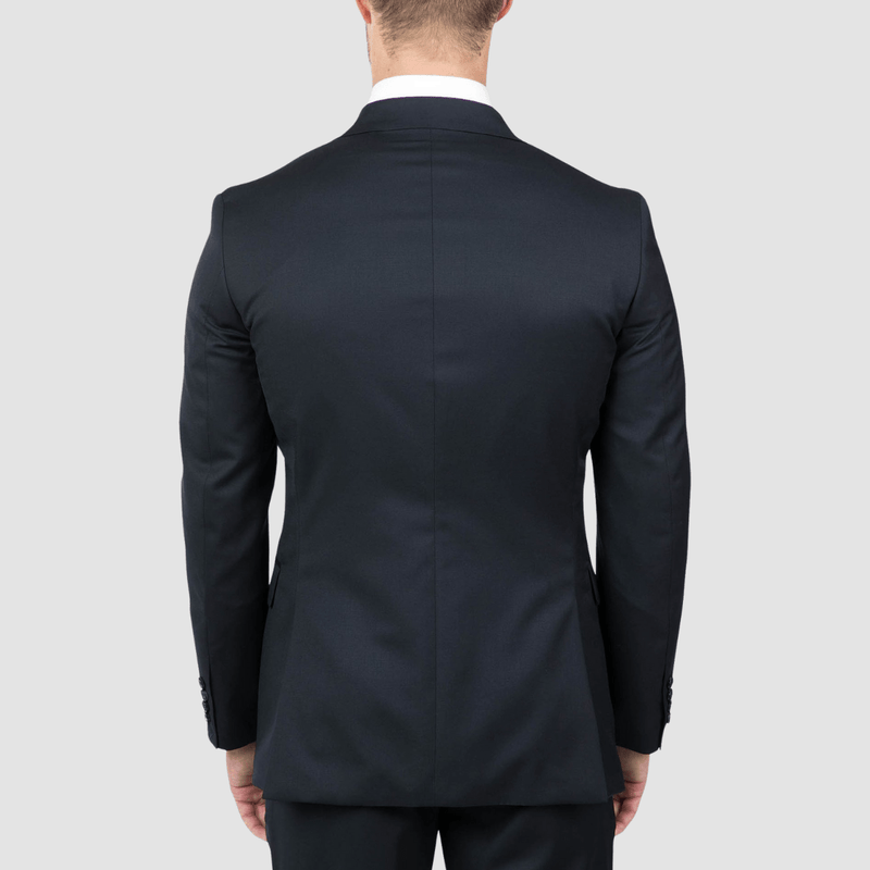the back view of the joe black sergeant suit jacket in a dark navy blue colour