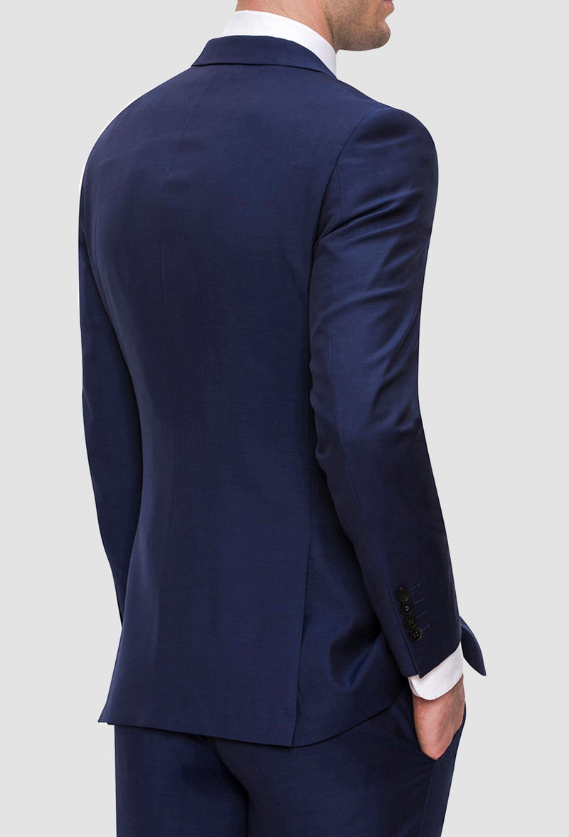 A close up view of the back of the Joe Black slim fit anchor suit jacket in navy pure wool FJY100