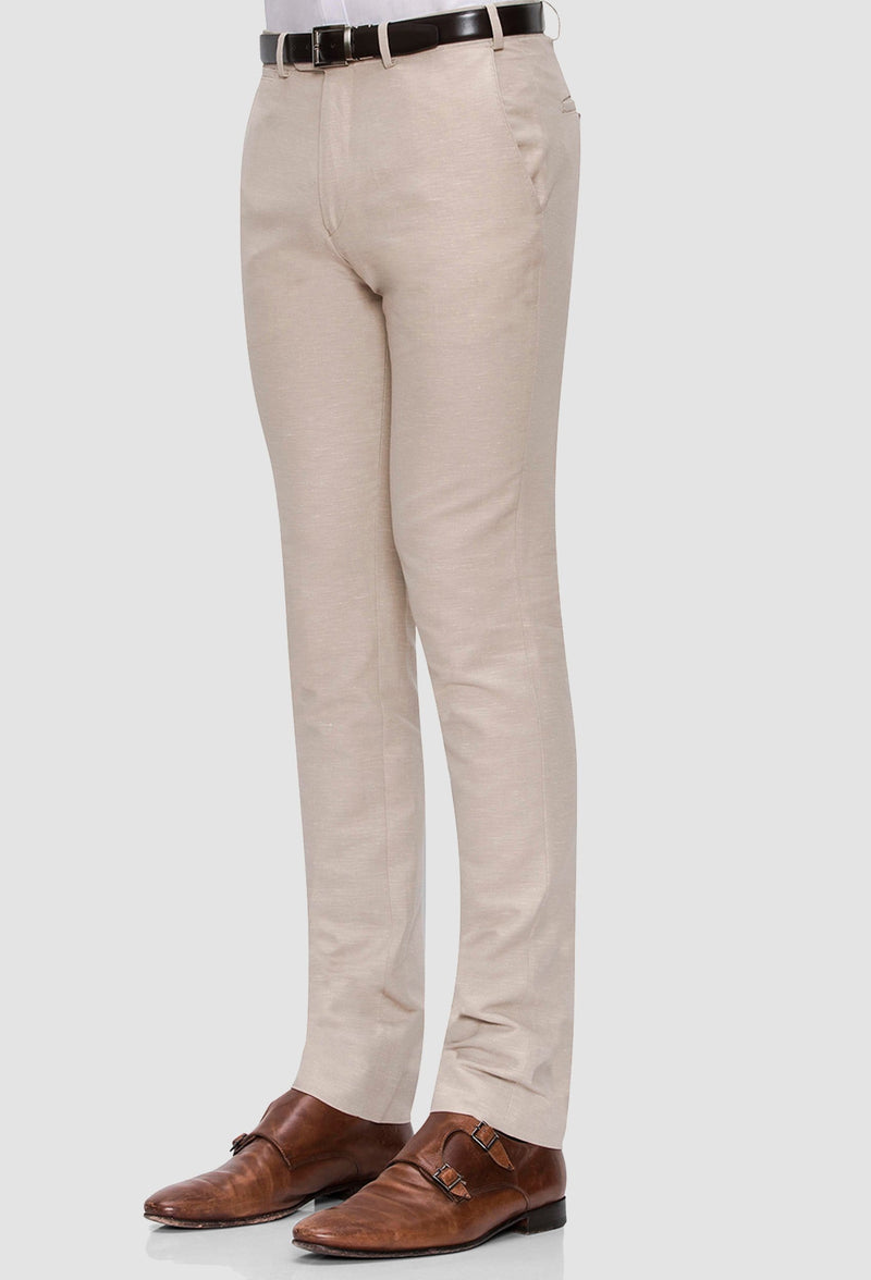 a side on view of the Joe Black slim fit tourist sports trouser in sand linen blend